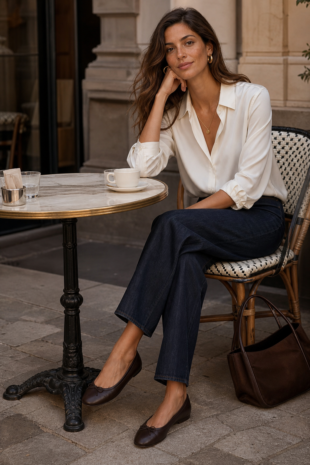Lila Voss seated at a marble cafe table in an ivory silk shirt, dark denim, and espresso leather ballet flats with a chocolate tote nearby