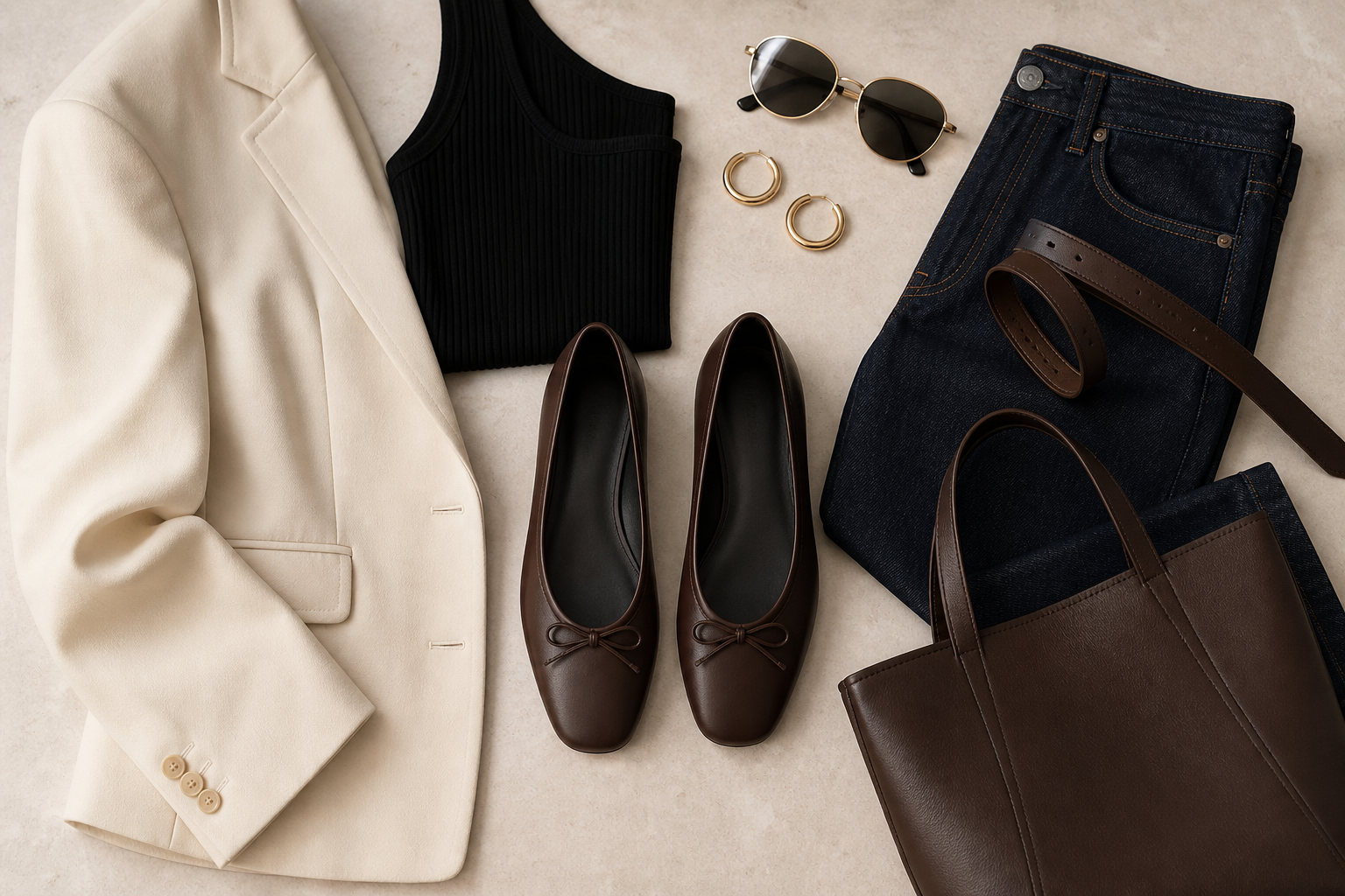 Editorial flat lay with espresso leather ballet flats, a cream blazer, black ribbed tank, dark denim, gold hoops, oval sunglasses, belt, and chocolate tote