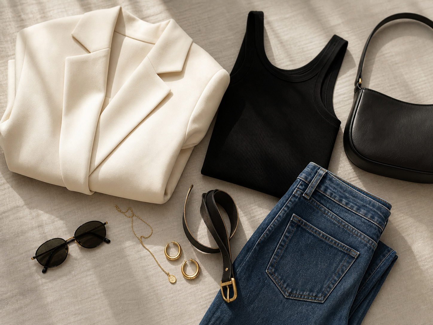 Quiet-luxury flat lay with cream blazer, black tank, denim, belt, gold jewelry, sunglasses, and black shoulder bag