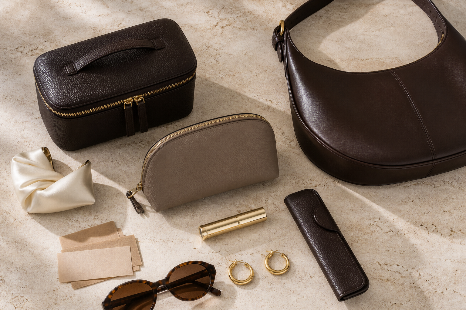 Editorial flat lay with an espresso structured cosmetic case, taupe slim makeup pouch, narrow brush case, gold perfume atomizer, blotting papers, gold hoops, sunglasses, and a chocolate shoulder bag on pale stone