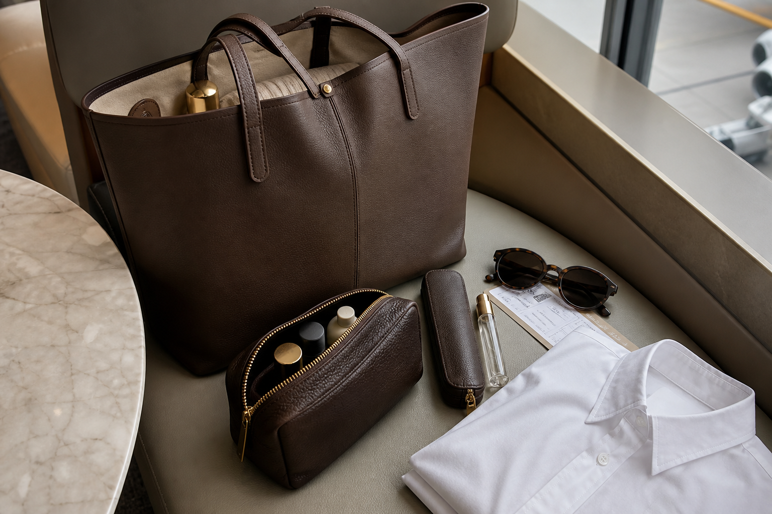 Structured leather tote with an open cosmetic bag, travel brush case, perfume atomizer, sunglasses, and a folded white poplin shirt in an airport lounge