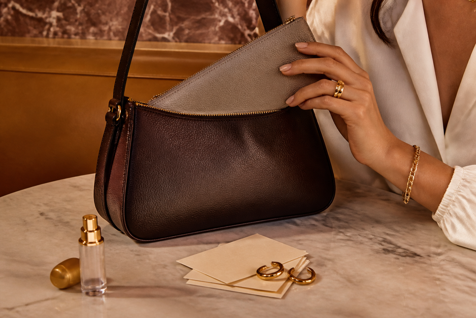 Close detail of a taupe slim cosmetic pouch sliding into a chocolate shoulder bag beside blotting papers, gold hoops, and a small perfume atomizer