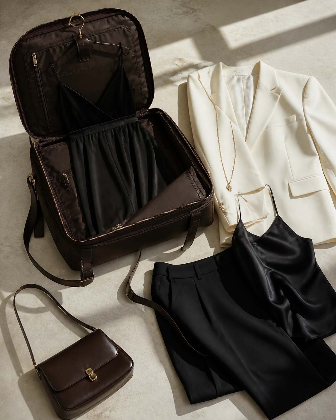 Editorial flat lay with an espresso carry-on garment bag, cream blazer, black silk camisole, black trousers, fine gold necklace, and chocolate shoulder bag