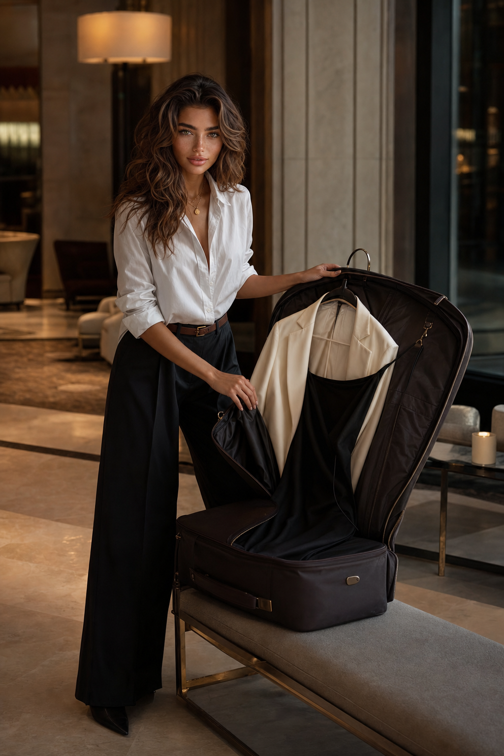 Lila Voss in a white poplin shirt and dark trousers opening an espresso garment bag in a refined hotel lobby to reveal a cream blazer and black slip dress