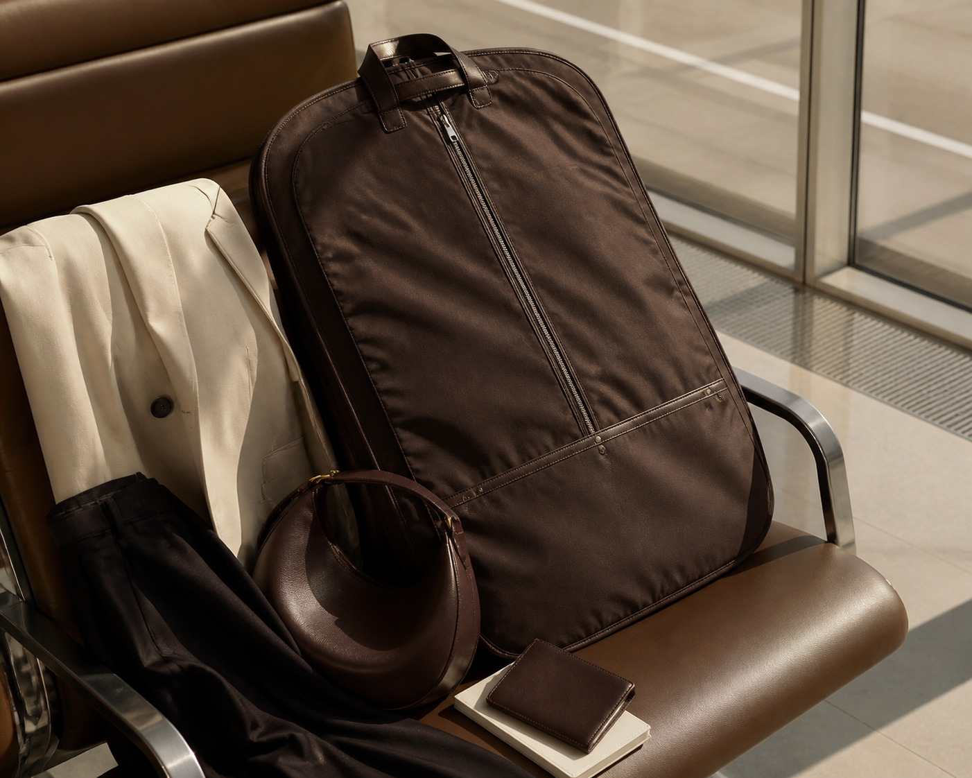 Espresso garment bag resting on airport seating beside a cream blazer, dark trousers, curved shoulder bag, and passport holder