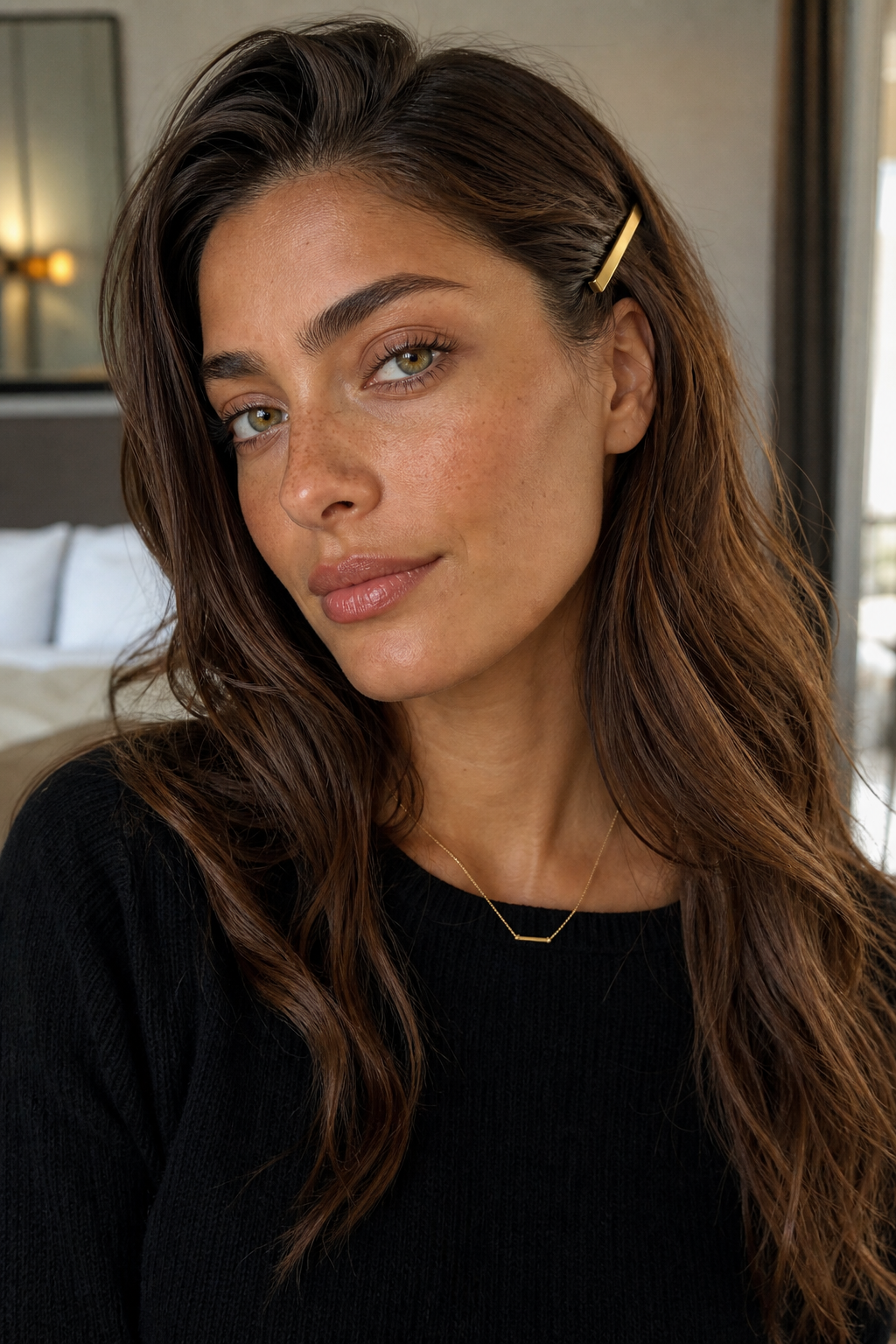 Close portrait of Lila Voss with warm olive skin, chestnut waves, and a slim gold barrette holding one side of her hair back