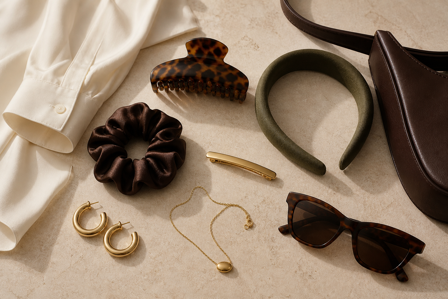 Editorial flat lay with a tortoiseshell claw clip, espresso silk scrunchie, olive satin headband, slim gold barrette, gold hoops, tortoiseshell sunglasses, and a chocolate bag