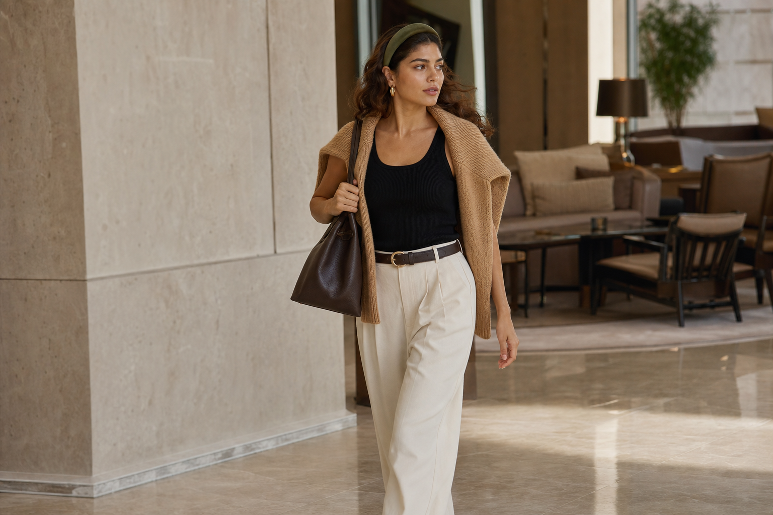 Lila Voss walking through a polished hotel lobby in cream trousers, a black tank, and a camel knit with an olive satin headband and a dark leather tote