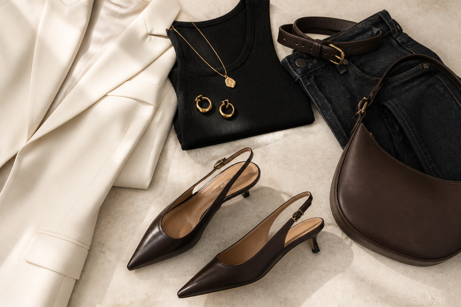 Editorial flat lay with espresso kitten-heel slingbacks, a cream blazer, black ribbed tank, dark denim, brown belt, gold jewelry, and a chocolate shoulder bag