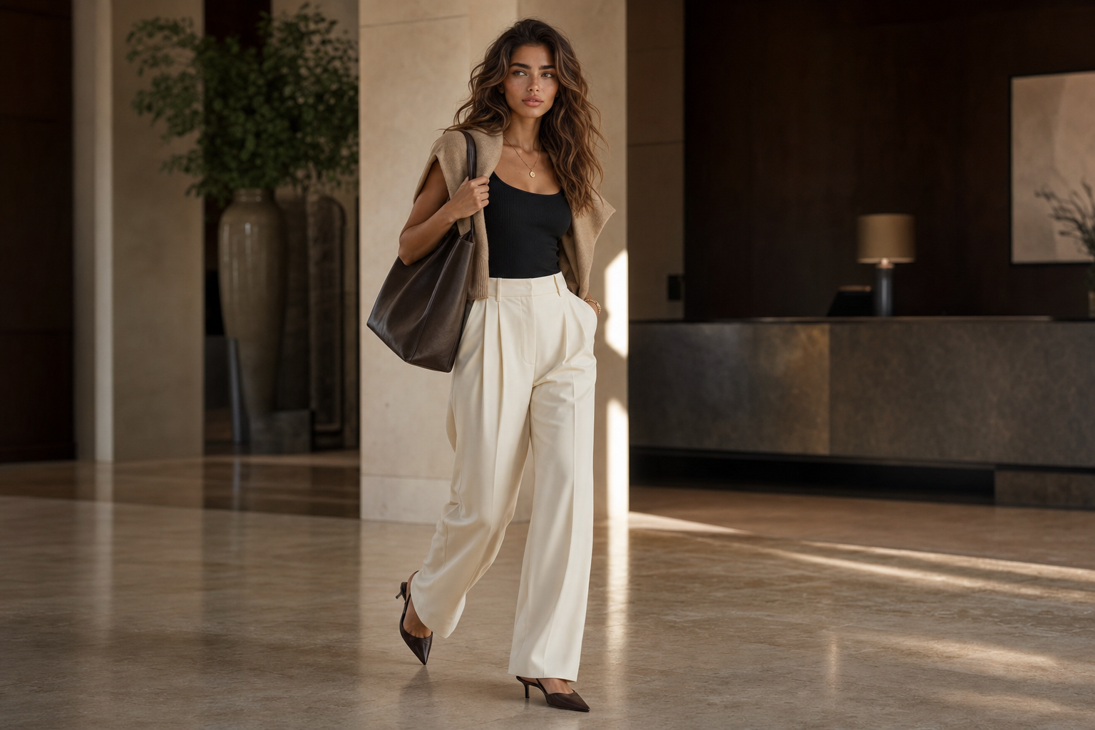 Lila Voss walking through a polished hotel lobby in cream trousers, a black tank, camel knit, and espresso kitten-heel slingbacks