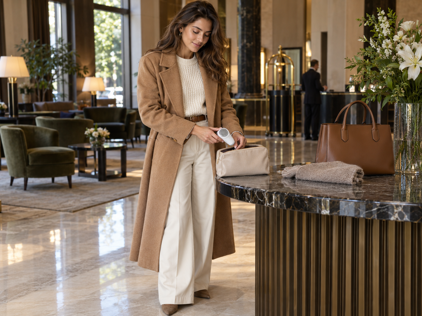 Lila Voss in a camel coat and cream knit packing a compact fabric shaver beside a structured tote in a hotel lobby