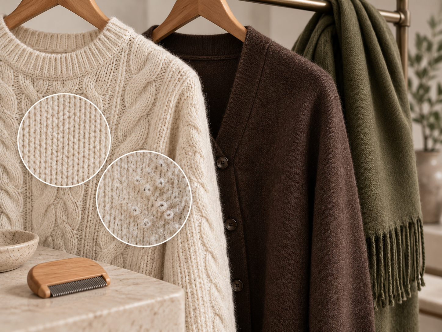 Cream cable knit, espresso cardigan, olive wool scarf, and sweater comb showing knit texture and light pilling detail