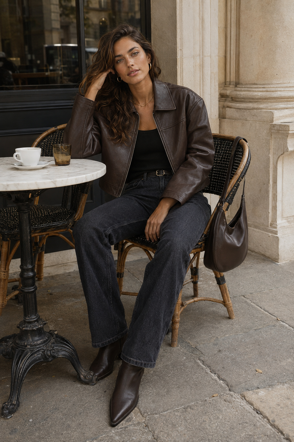 Lila Voss seated at a marble cafe in a cropped espresso leather jacket, black tank, dark denim, pointed ankle boots, and a chocolate shoulder bag