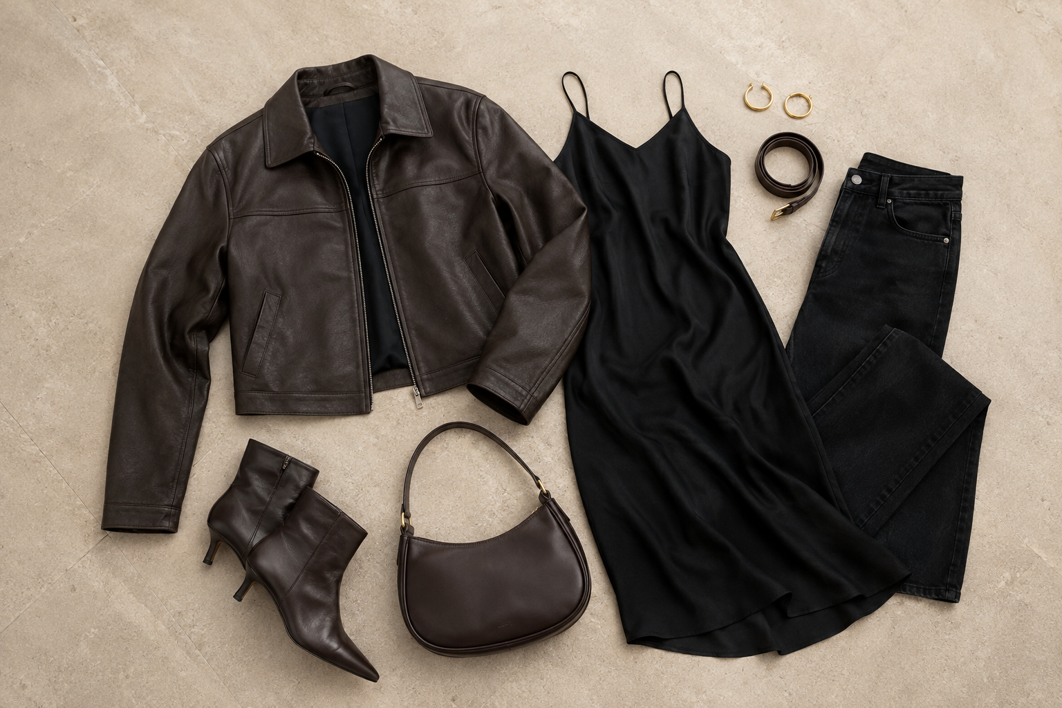 Editorial flat lay with a cropped dark espresso leather jacket, black slip dress, dark denim, pointed ankle boots, chocolate shoulder bag, brown belt, and gold hoops on pale stone