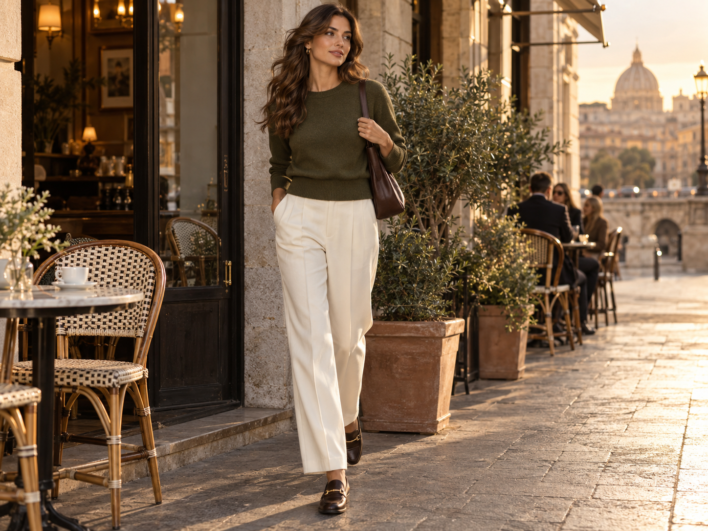 Lila Voss in a deep olive fine-gauge sweater, cream trousers, gold hoops, and a chocolate shoulder bag outside a city cafe