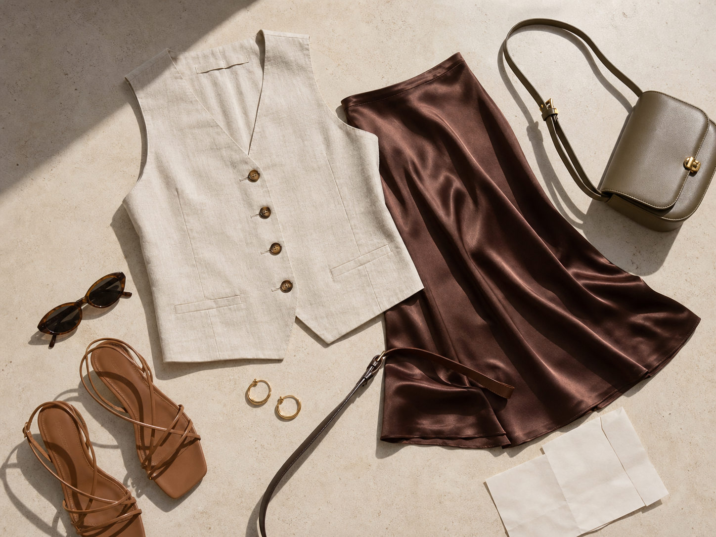 Quiet-luxury sale edit flat lay with linen waistcoat, satin midi skirt, strappy sandals, sunglasses, gold hoops, and shoulder bag