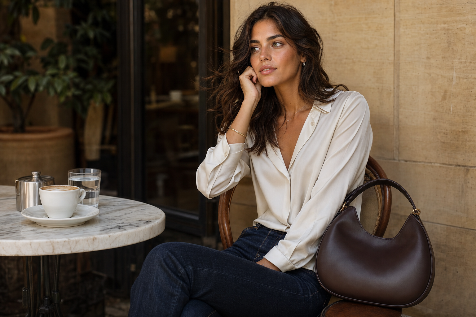 Lila Voss at a marble cafe table in an ivory silk shirt and dark denim with a chocolate shoulder bag on the chair beside her