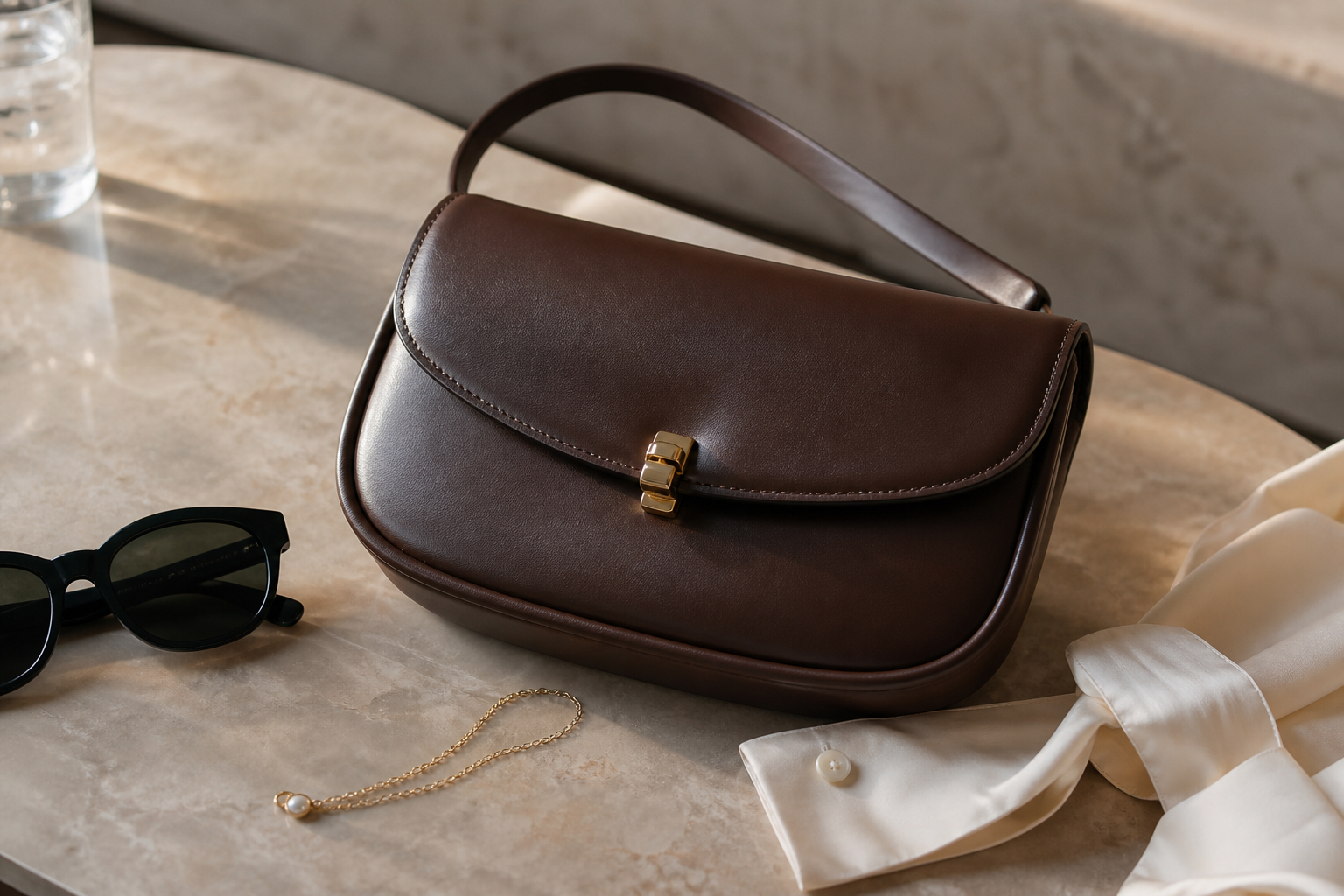 Close accessory detail of a chocolate leather shoulder bag with black sunglasses, a fine gold necklace, and an ivory silk cuff on pale stone