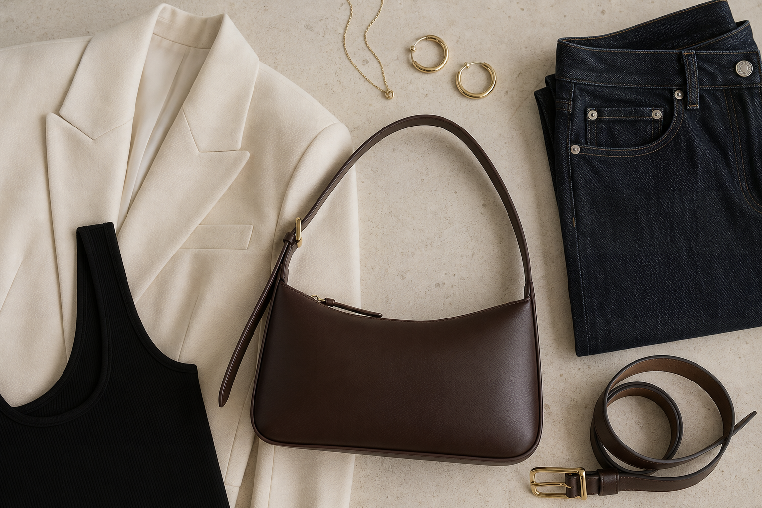 Quiet-luxury flat lay with a chocolate leather shoulder bag, cream blazer, black ribbed tank, dark denim, gold hoops, fine necklace, and slim belt