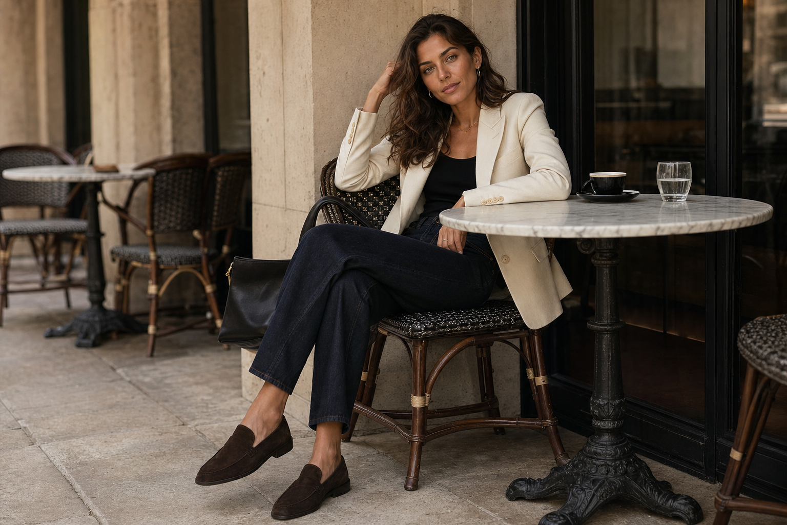 Lila Voss seated at a marble cafe table in a cream blazer and dark denim with chocolate suede loafers visible against the stone floor