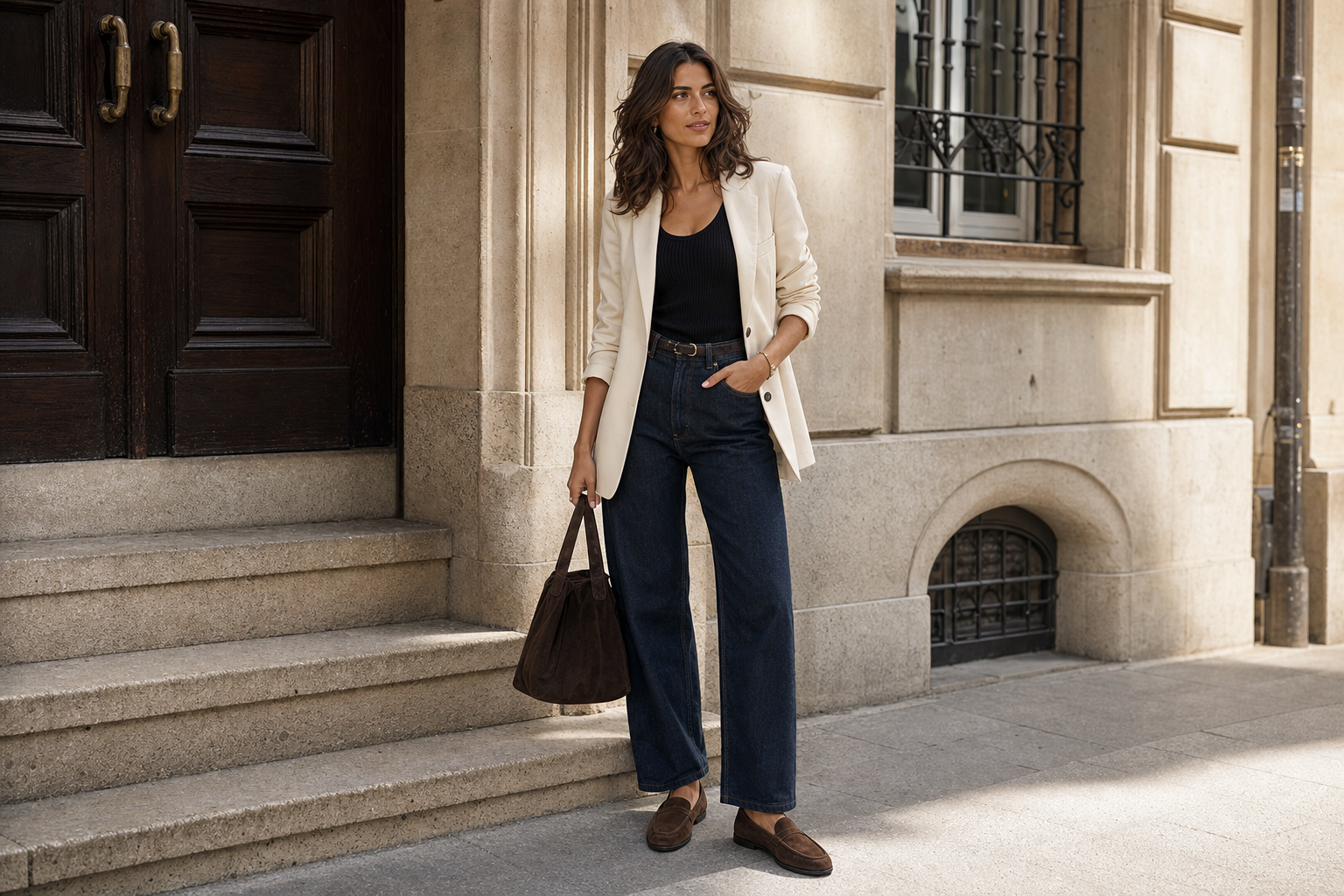 Lila Voss in a cream blazer, black ribbed tank, dark straight-leg denim, and chocolate suede loafers outside a stone city townhouse