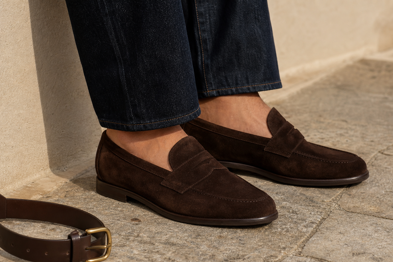 Close detail of chocolate suede loafers under dark straight-leg denim beside a slim brown leather belt on warm stone pavement