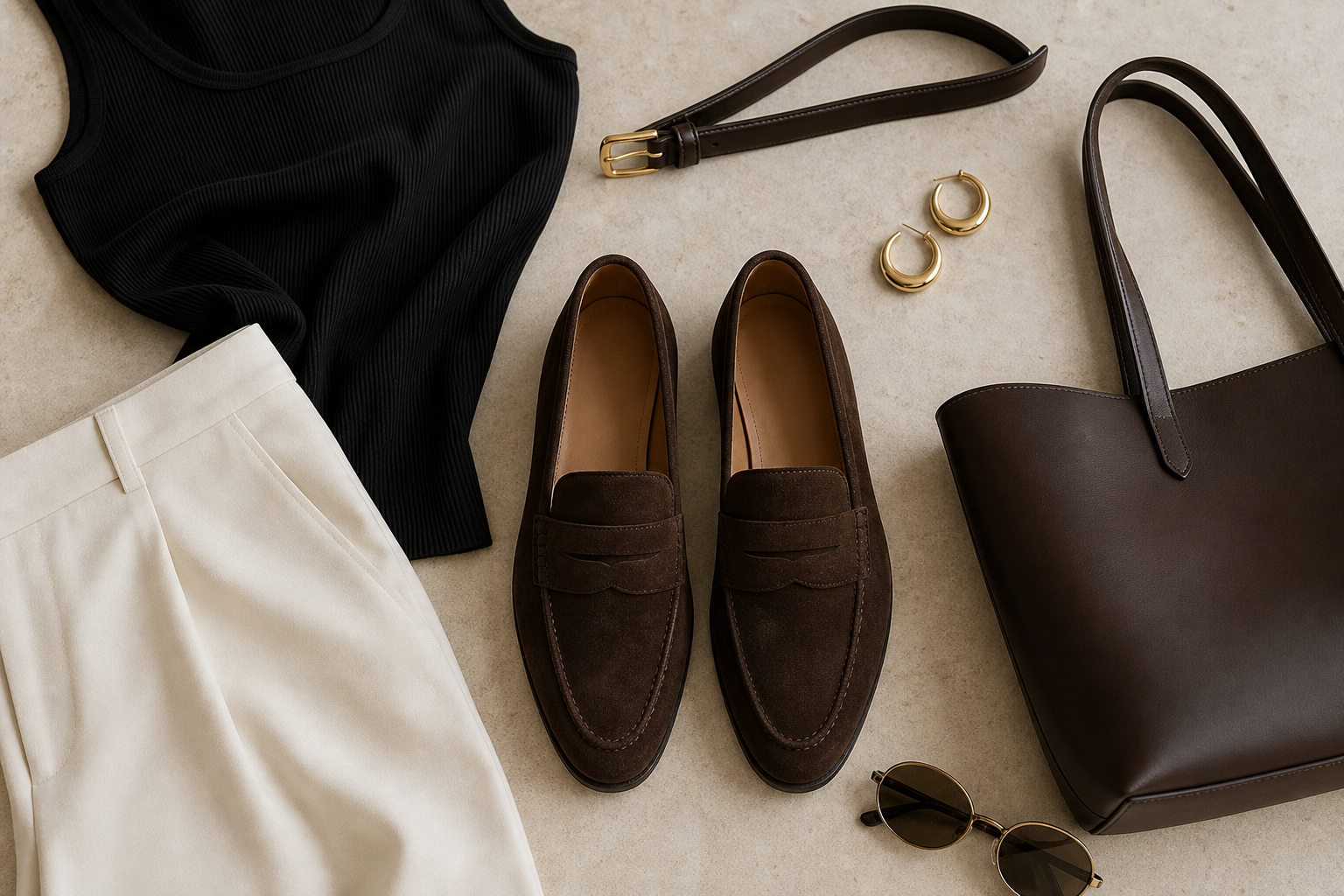 Quiet-luxury flat lay with chocolate suede loafers, cream trousers, black ribbed tank, leather belt, gold hoops, sunglasses, and a dark structured tote