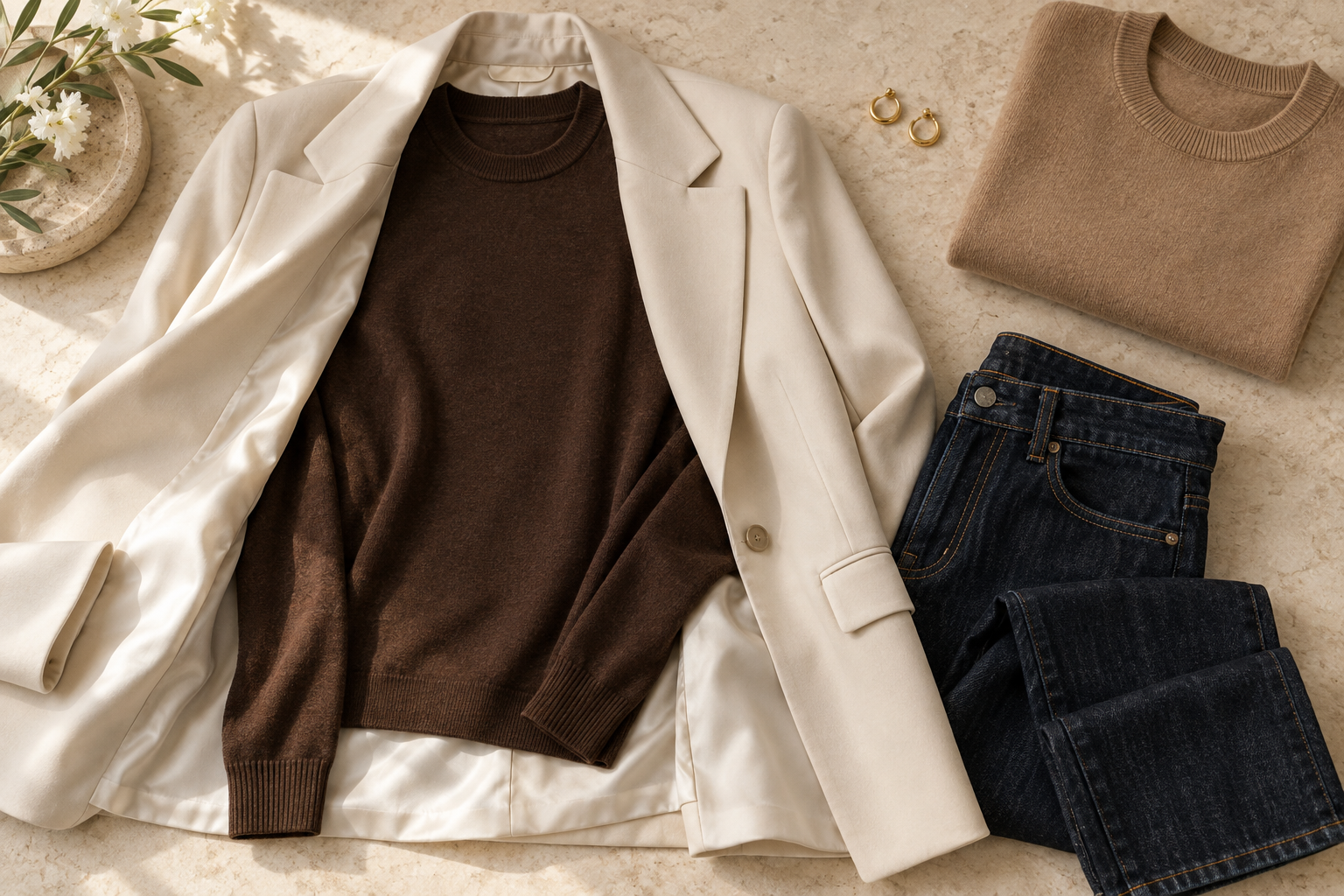 Fine chocolate sweater arranged inside a cream blazer beside denim and folded knitwear