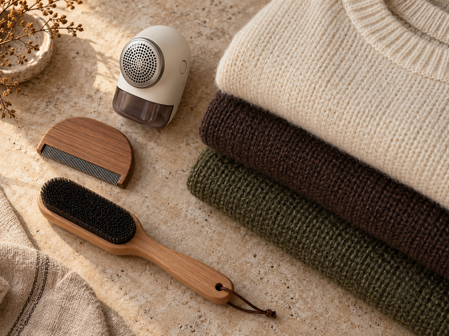 Wardrobe-care flat lay with a folded chocolate knit, a silk shirt, and tidy garment-care tools