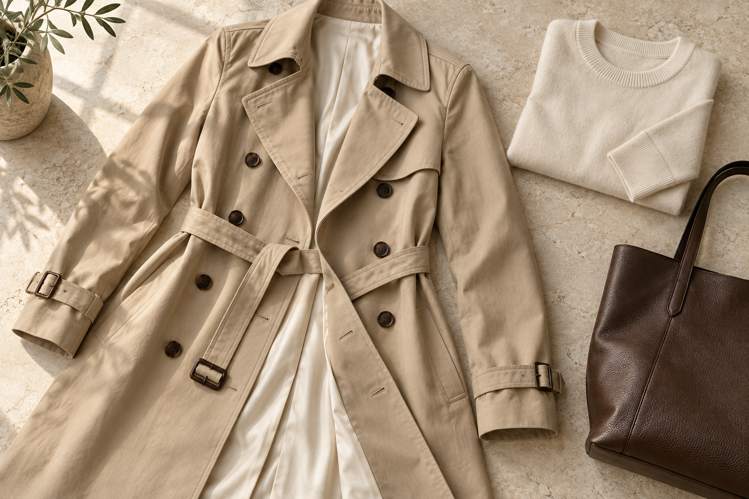 Beige trench coat with visible lining, belt, cuff straps, cream sweater, and chocolate tote