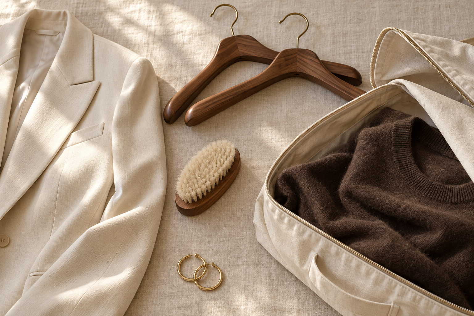 Clothes brush beside folded chocolate knitwear, a cream blazer, hangers, and a fabric storage bag