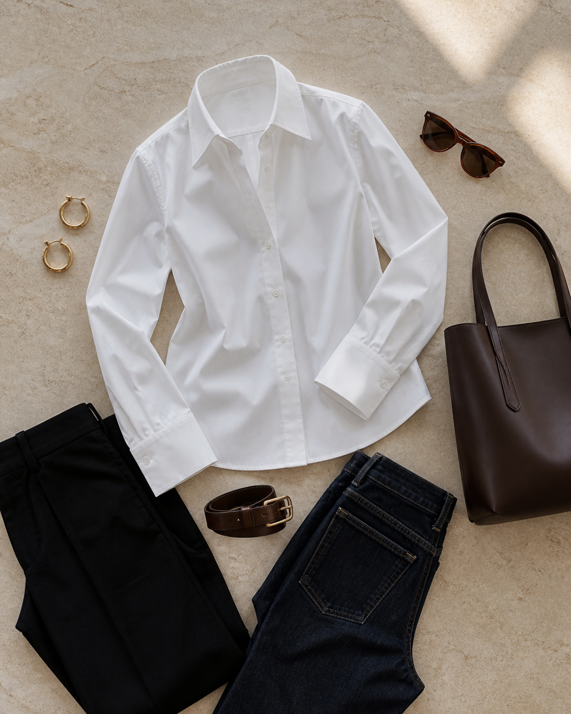 Editorial flat lay with a white poplin shirt, black linen trousers, dark denim, a brown leather belt, gold hoops, warm sunglasses, and a chocolate tote on pale stone