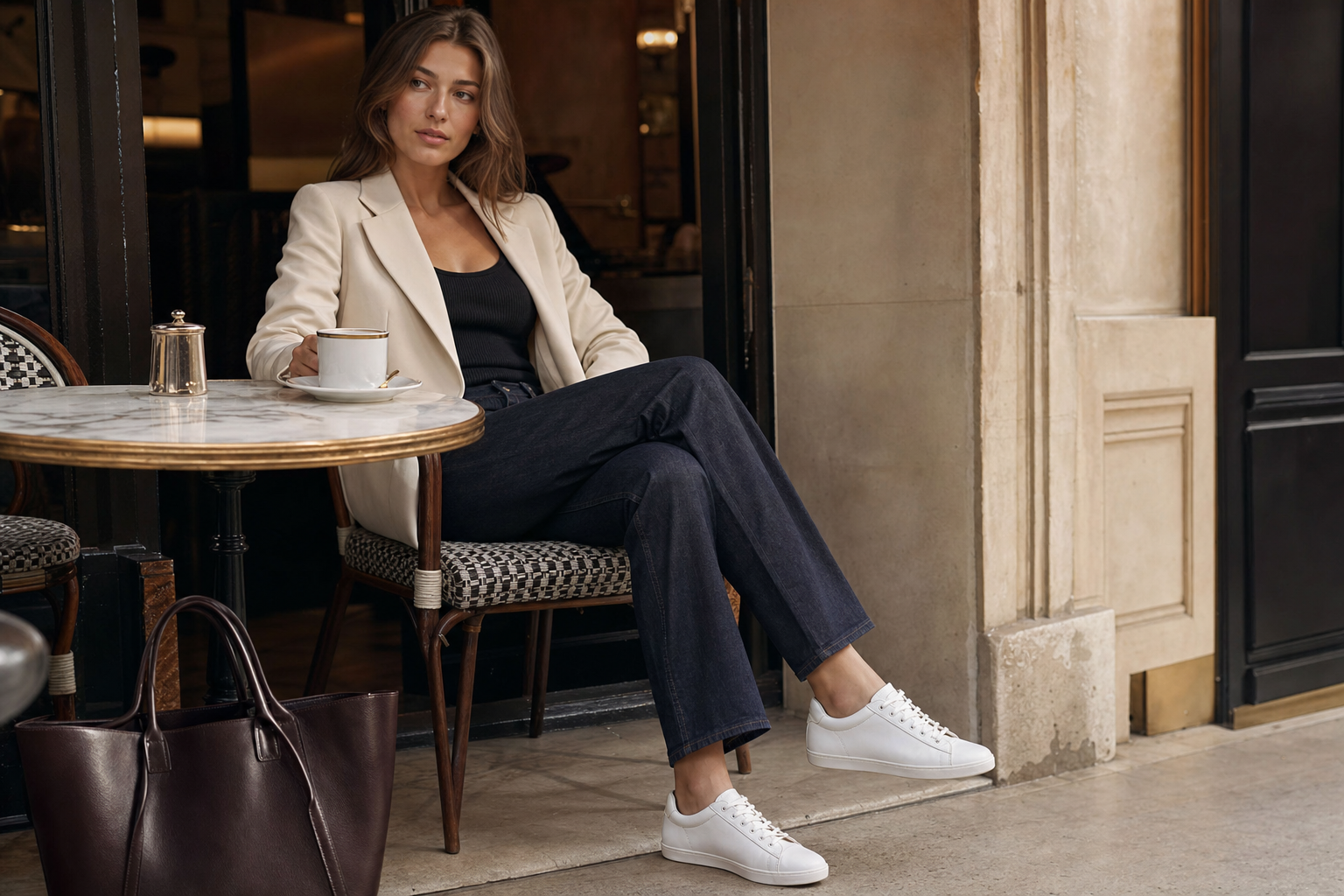 Lila Voss seated at a marble cafe table in a cream blazer and dark denim with minimal white leather sneakers and a chocolate tote nearby
