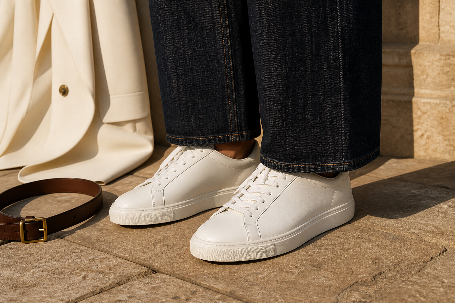 Close detail of minimal white leather sneakers under dark straight-leg denim beside a cream blazer hem and brown leather belt on warm stone pavement