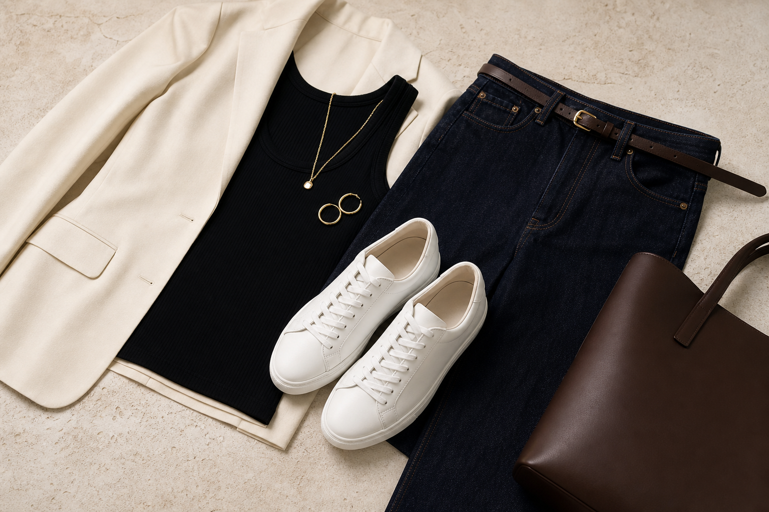 Quiet-luxury flat lay with minimal white leather sneakers, cream blazer, black ribbed tank, dark denim, brown belt, gold jewelry, and a chocolate tote