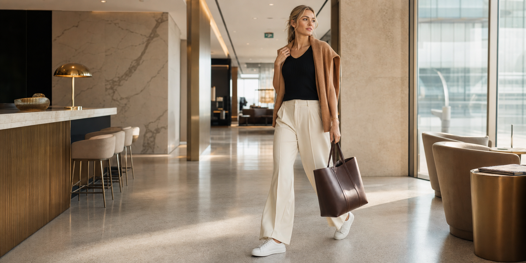 Lila Voss walking through a premium airport lounge in cream trousers, a black tank, camel knit, structured tote, and minimal white leather sneakers