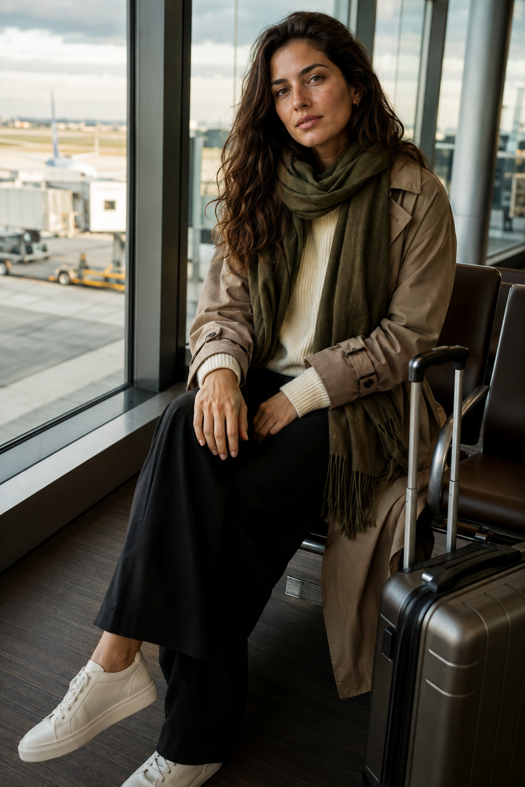 Lila Voss in an airport lounge wearing a deep olive lightweight wool scarf with a trench, cream knit, black trousers, and white sneakers