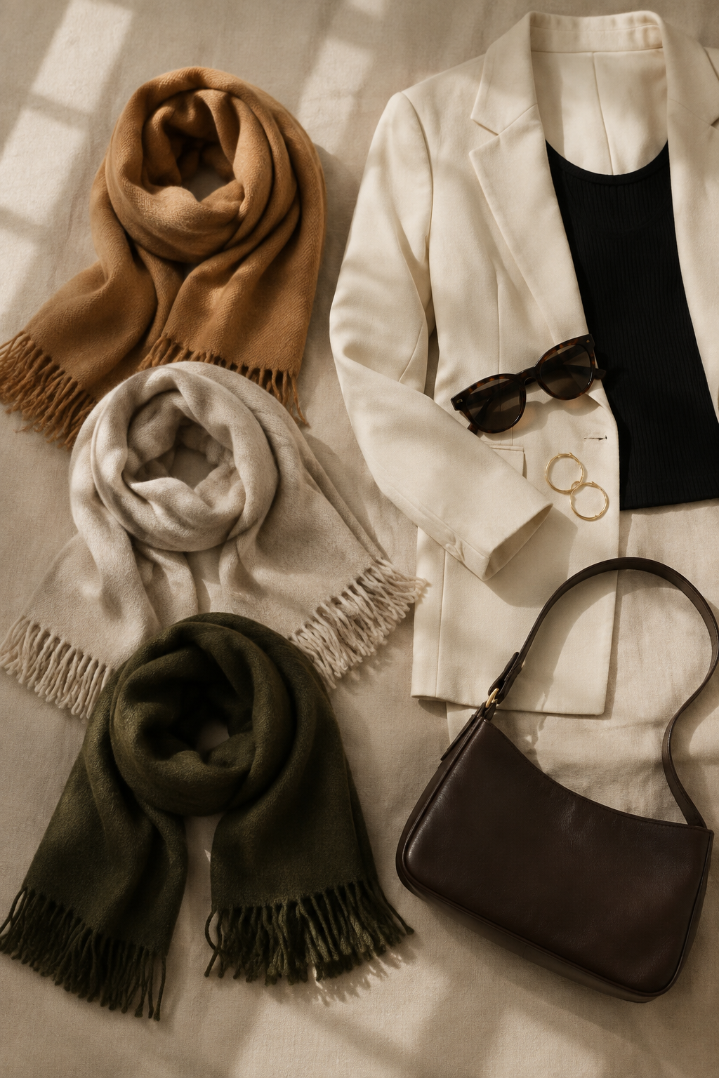 Camel, oatmeal, and deep olive lightweight wool scarves beside cream tailoring, black knitwear, tortoiseshell sunglasses, gold hoops, and a chocolate bag